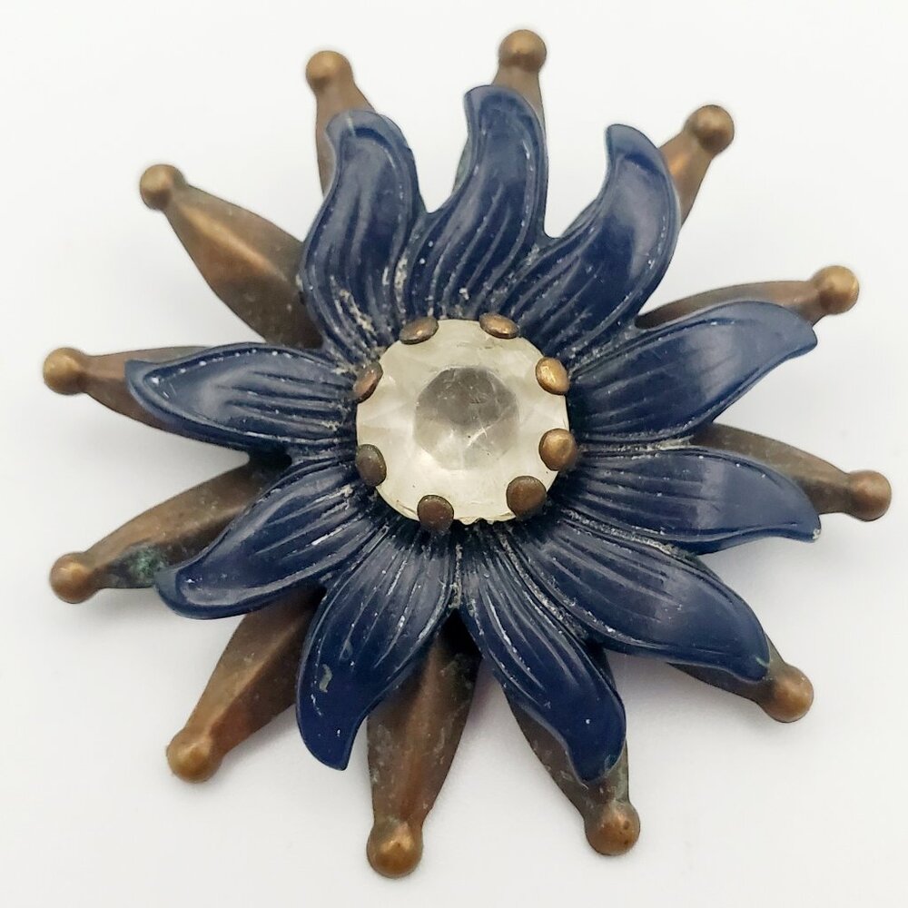 Antique Bronze & Painted Blue Metal Sunflower Brooch Pin w/ Centre Pronged Stone